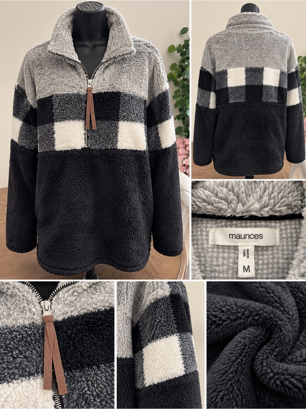 Maurices Black, Gray & Cream Plush Sherpa Quarter-Zip Pullover